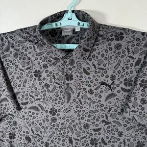 Puma Polo Shirt Mens Large Gray Black Golf Performance Floral Forest Owl AOP
